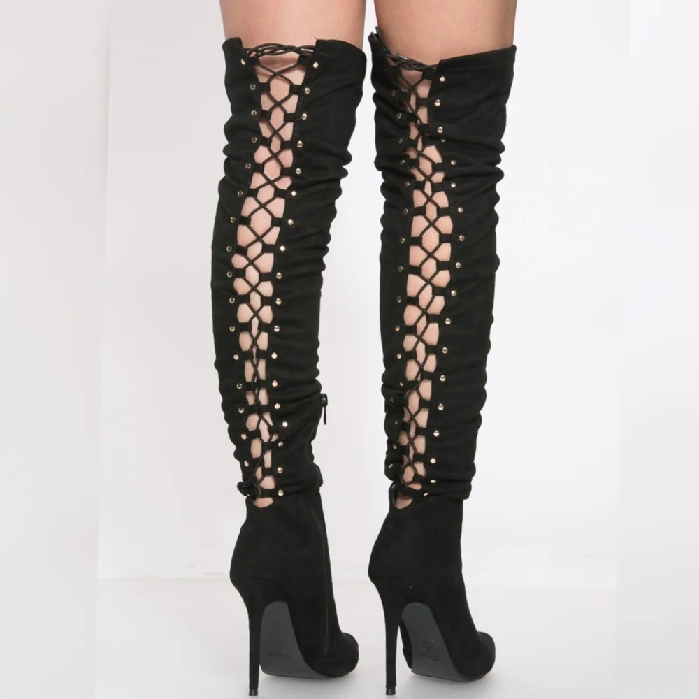 ❤BEST SELLER ❤ dolls Black Faux Suede Thigh High Lace U - Picture 8 of 9